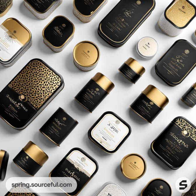 Assorted black and gold tins with intricate patterns on light background.