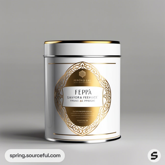 Large white tin with gold decorative design and black lid on gray background.