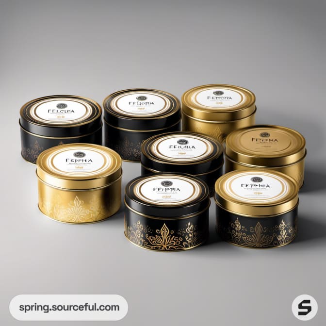Round black and gold tins with white labels and ornate designs.