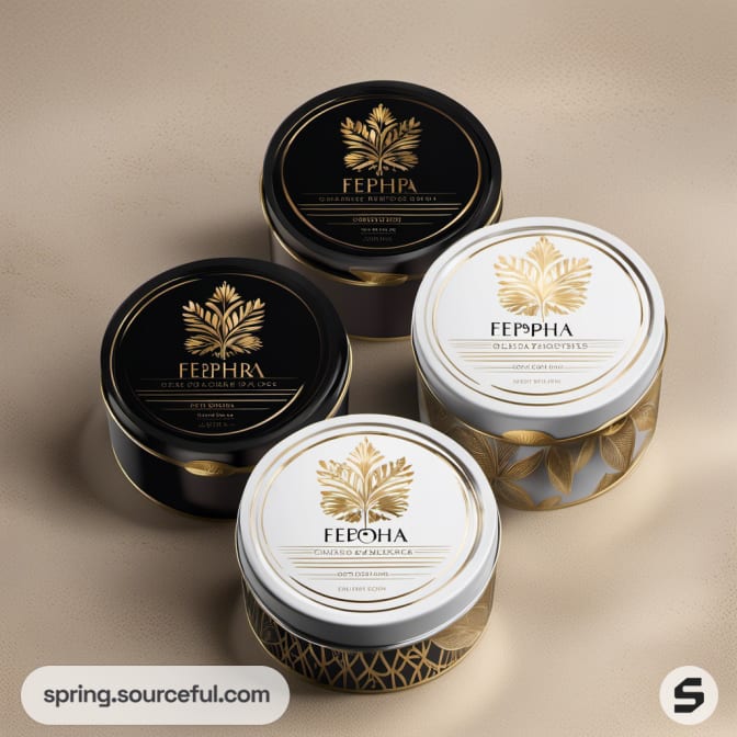 Four tins with black and white lids featuring gold geometric patterns.