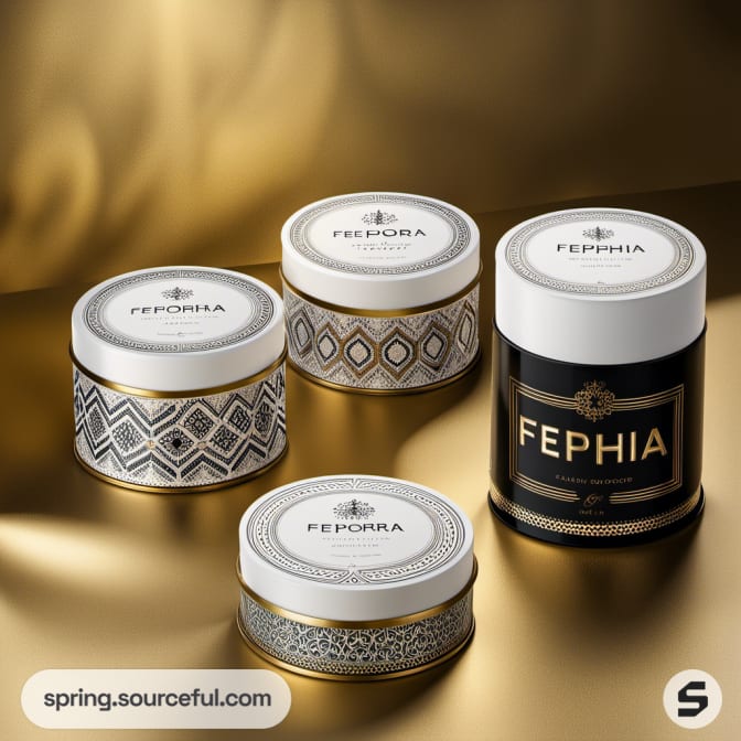 Spherical tins with patterned black and white designs on gold fabric.