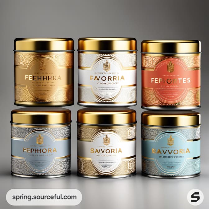 Six cylindrical tins with gold and patterned labels on gray background.