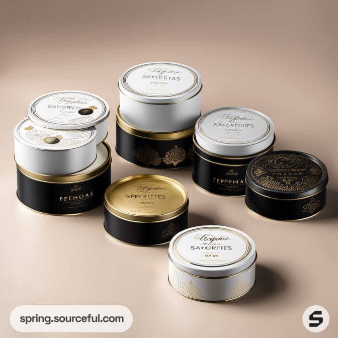 Black and white tins with elegant gold accents on tan background.