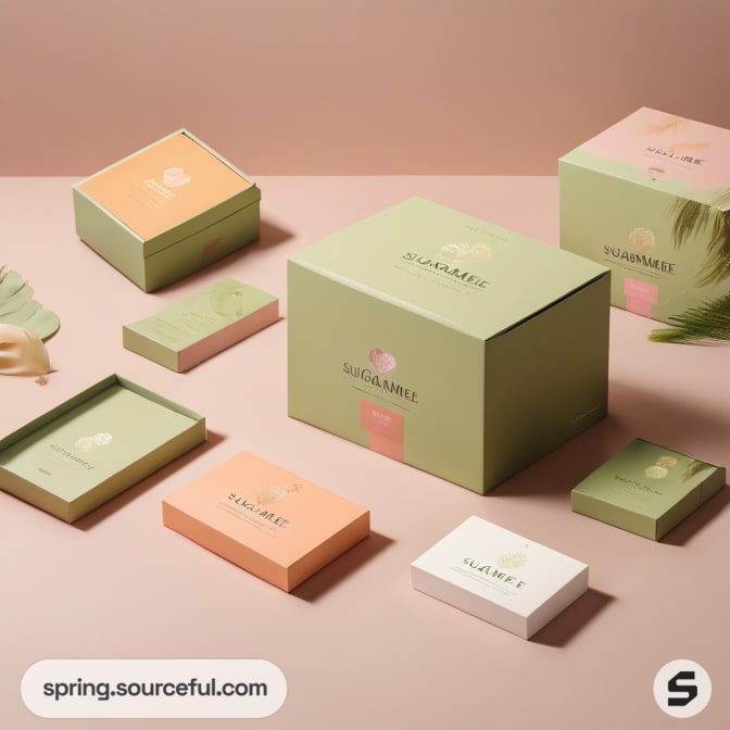 Green and peach themed packaging boxes