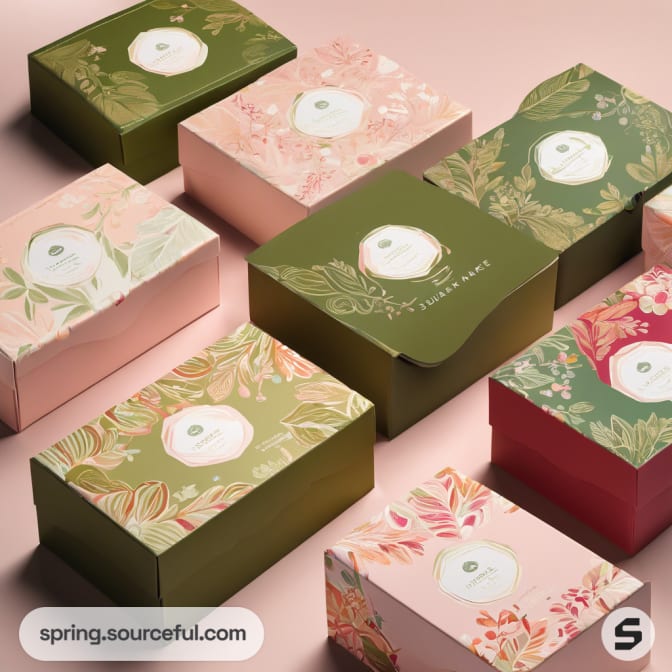 Decorative boxes with pink and green floral designs