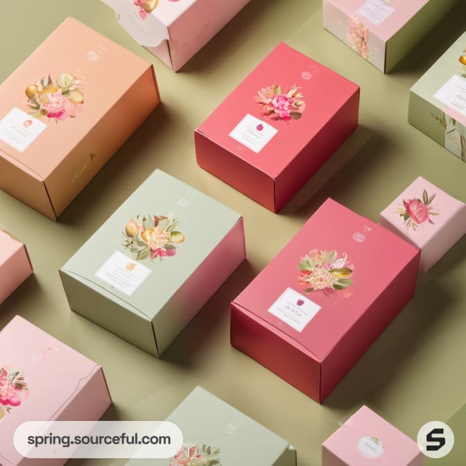 Colorful gift boxes with floral wreath accents