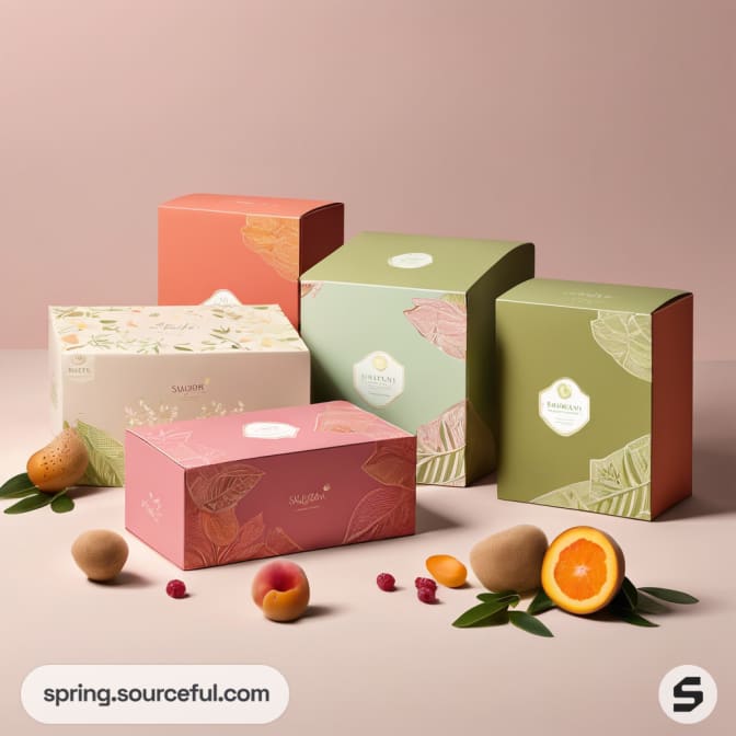 Colorful boxes with fruit and leaf illustrations