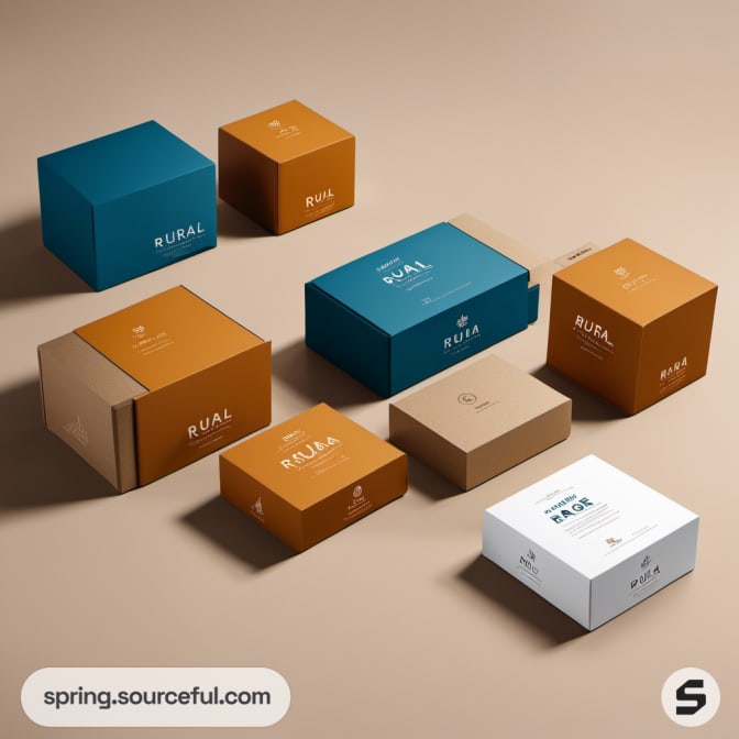 Various sized cardboard boxes in teal, orange, and beige on a beige background.
