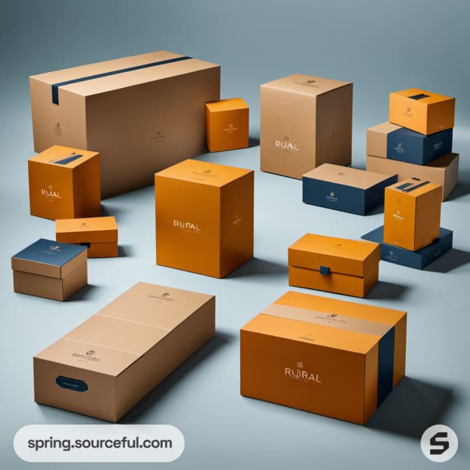 Assorted teal, orange, and beige boxes stacked on a blue background.