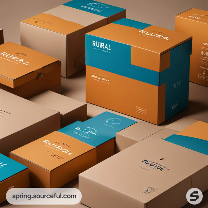 Close-up of teal, orange, and beige cardboard packaging boxes.