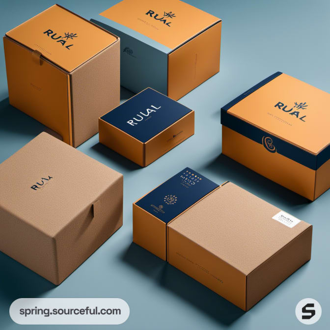 Different sizes of teal, orange, and beige boxes on a blue surface.