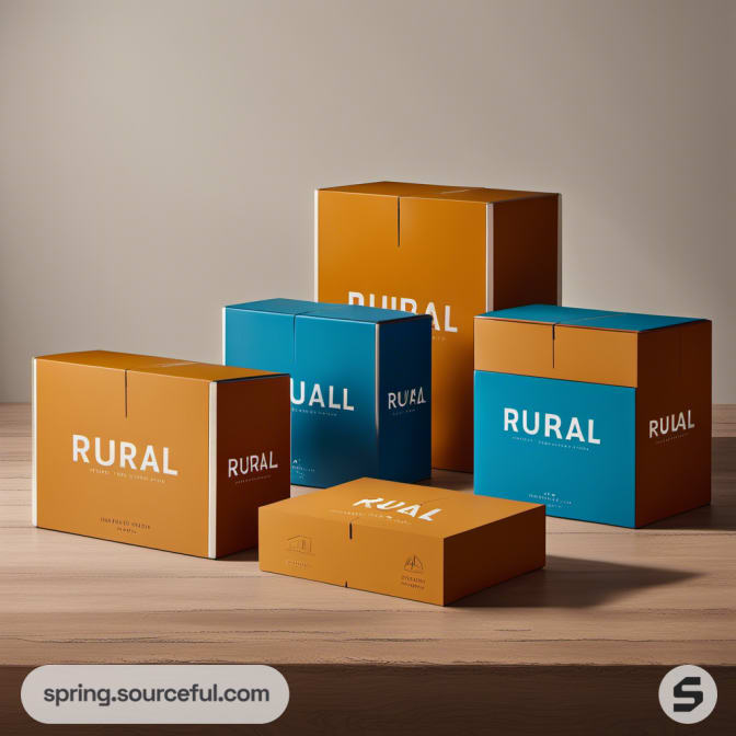 Teal and orange cardboard boxes arranged on a wooden surface.
