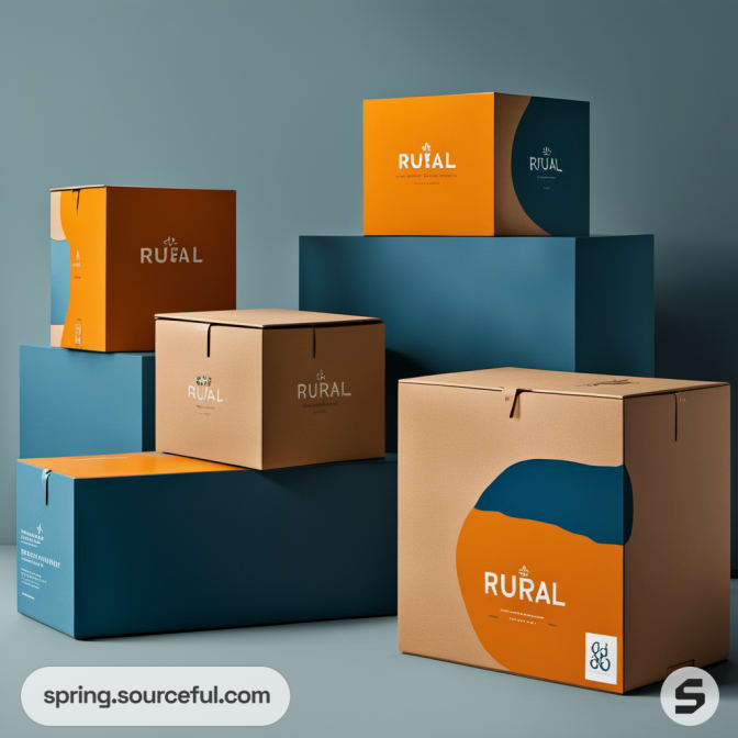 Stacked teal, orange, and beige boxes on a blue background.