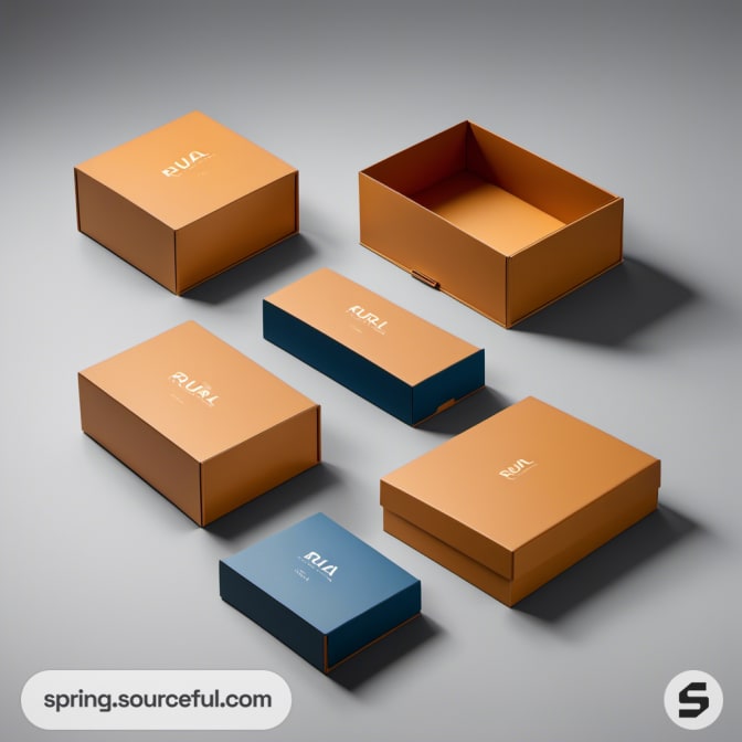 Opened and closed orange and blue boxes on a gray background.