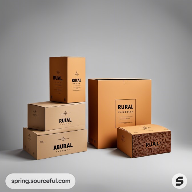 Stacked beige and orange boxes on a gray background.