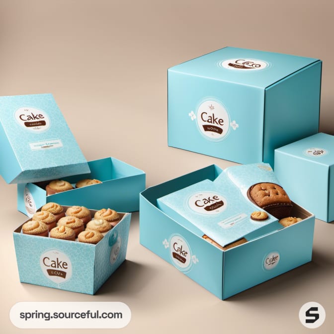 Blue cake boxes with cookies and biscuits, showcasing product variety.