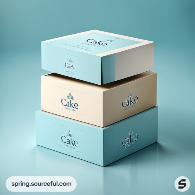 Stacked blue and beige cake boxes, simple and elegant design.