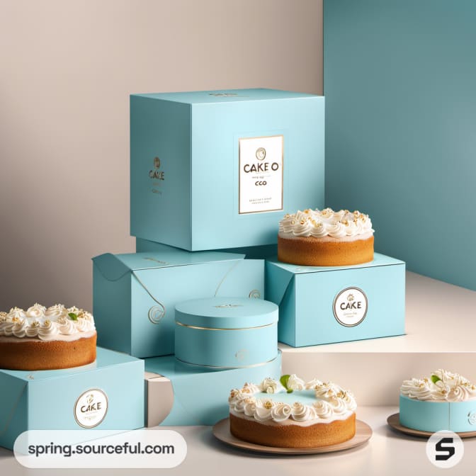 Blue cake boxes with cakes, showcasing elegant bakery presentation.