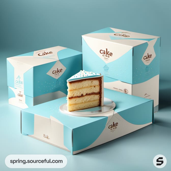 Slice of layered cake in blue and white packaging, elegant cake display.