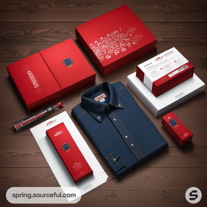 Red and white packages with a folded blue shirt on wooden background.