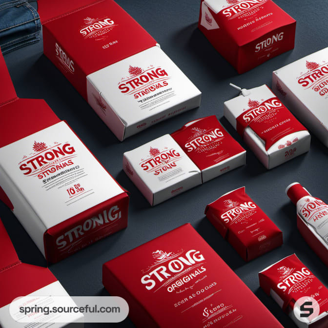 Red and white boxes with 'STRONG' text on navy blue background.