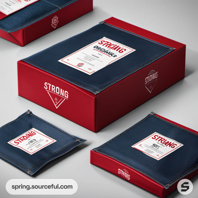 Red and blue packages with 'STRONG' label on gray background.