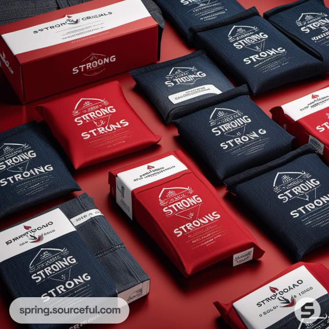 Red and blue packages with STRONG branding on gray surface.