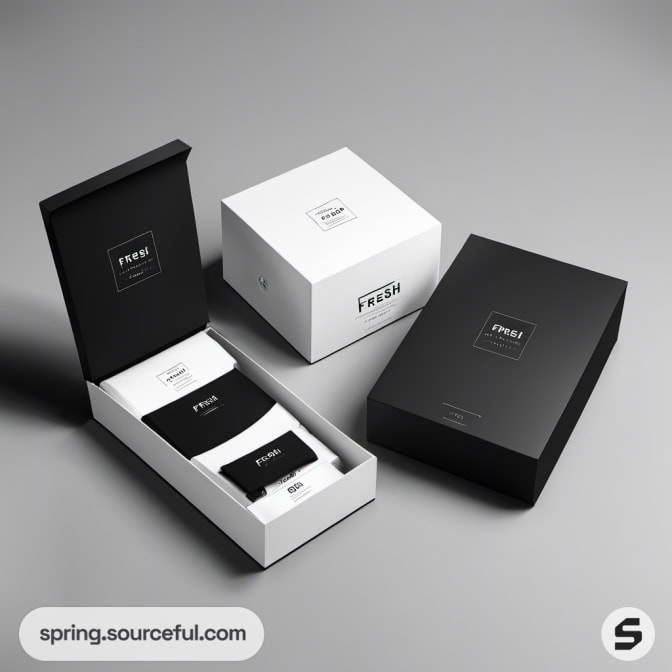 Black and white gift boxes with 'FRESH' text.