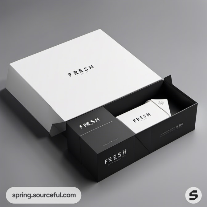 Open white and black box with 'FRESH' text inside.