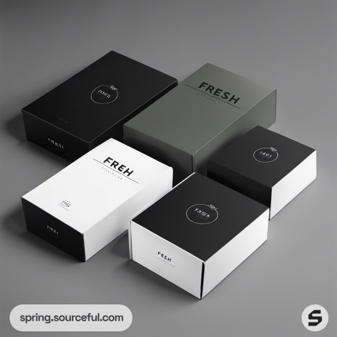Black and white stacked boxes with 'FRESH' text.