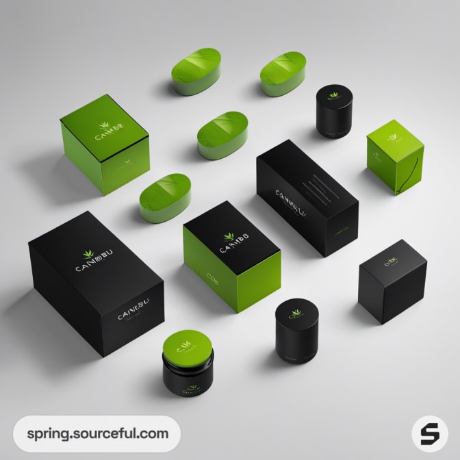Green and black packaging boxes and containers for products displayed on white surface.