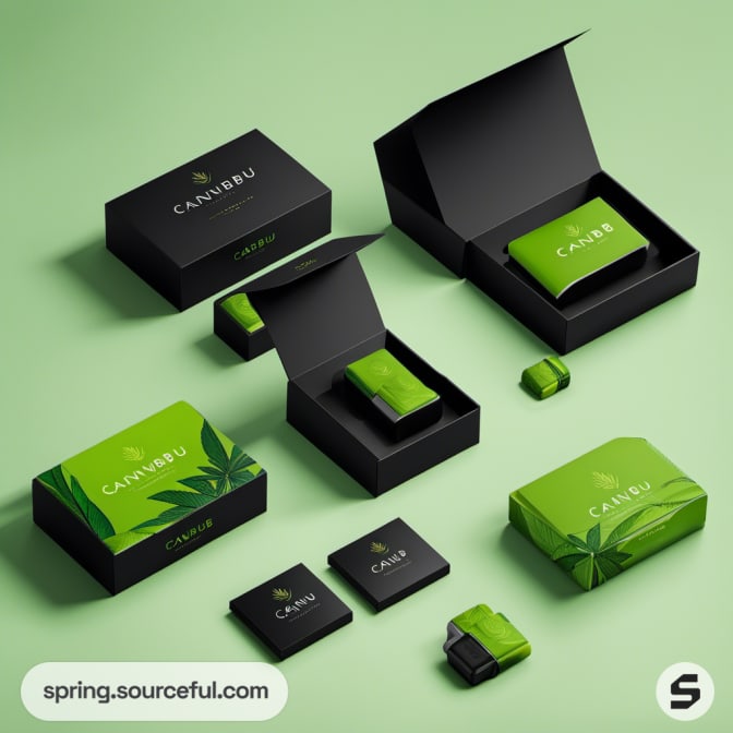 Black and green open boxes with green items inside, set against a green background.