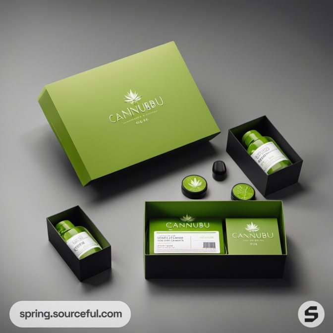 Green packaging box open with containers laid out on a gray surface.