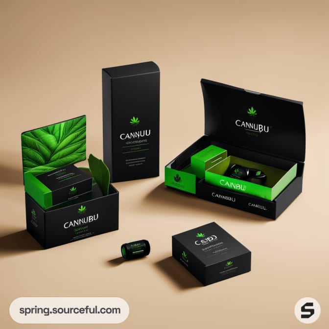 Various green and black boxes open with products inside on a beige surface.
