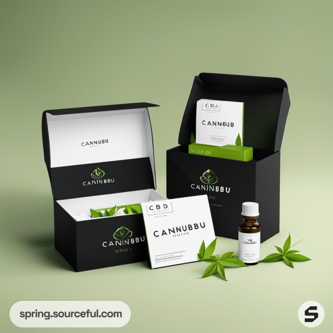 Black boxes with green interior and products, on a light green background.