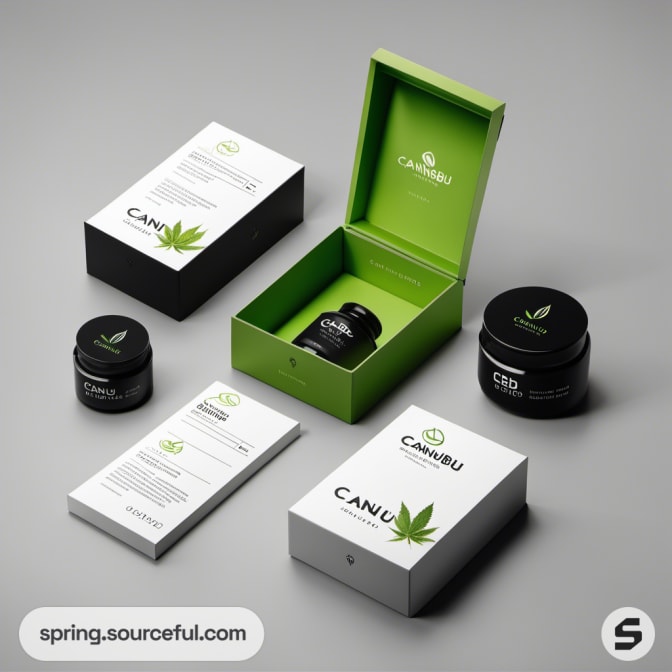 Green and black boxes with containers and informational cards on a gray surface.