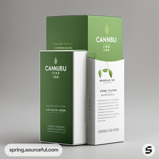 Green and white box packaging with product details on a gray background.