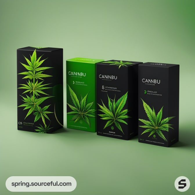 Four green and black product boxes with cannabis leaf designs on a green background.
