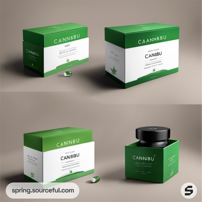 Green and white boxed products with black jars on beige surface.