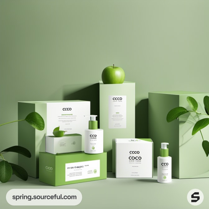 Green and white skincare boxes with plant accents.