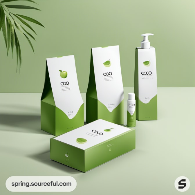 Assorted green packaging with slender bottles.