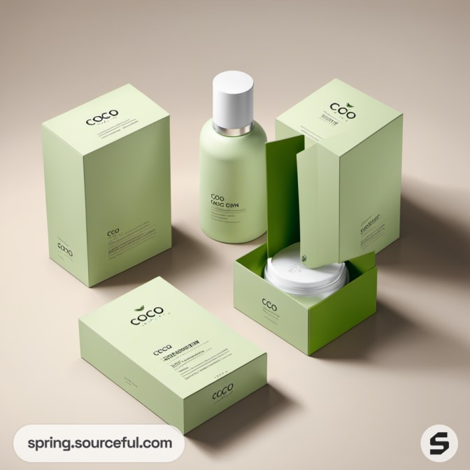 Open green boxes displaying skincare containers.