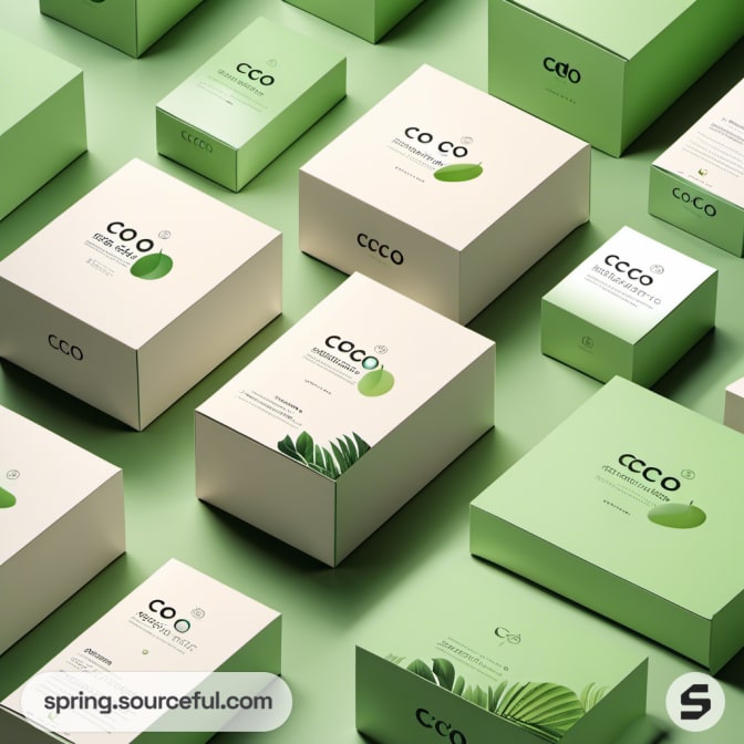 Arranged green and white boxes with leaf design.