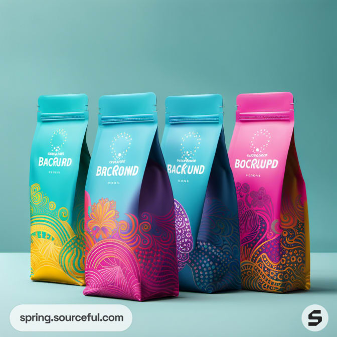 Vibrant coffee bags with intricate designs on a teal background.