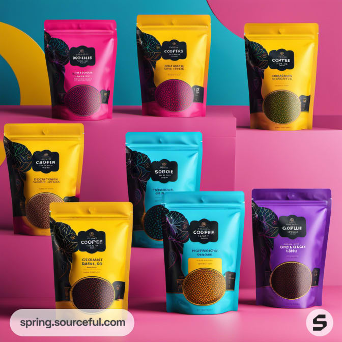 Coffee pouches with bold colors and labels on a pink background.