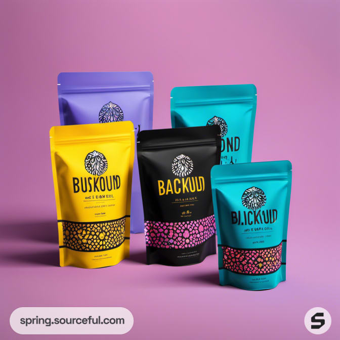 Diverse colored coffee pouches with patterns on a purple background.