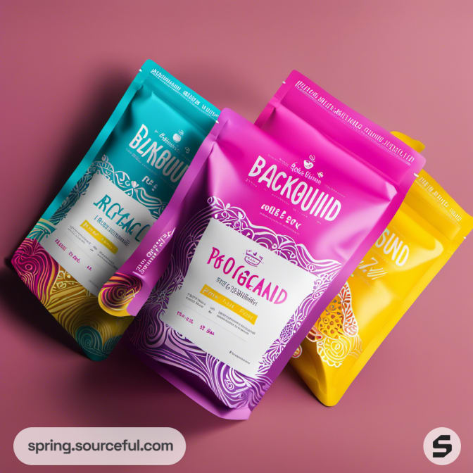 Vibrant coffee bags with ornate patterns on a pink background.