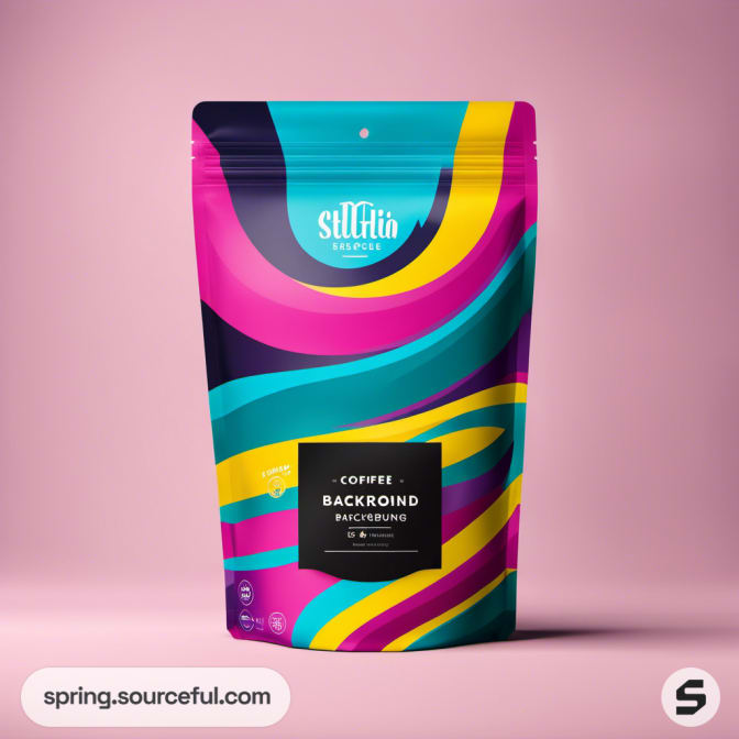 Colorful coffee pouch with bold abstract patterns on a pink background.