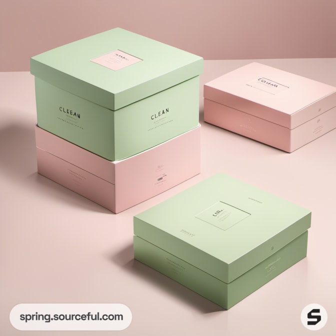 Stacked pastel green and pink gift boxes with 'Clean' label.