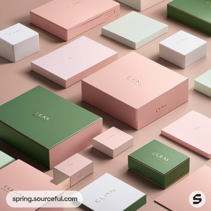 Arrangement of pink and green boxes on a brown surface.